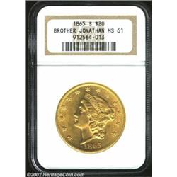 1865-S $20 MS61 NGC. Ex: Brother Jonathan. A sharply impressed example, and a strong candidate for i