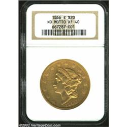 1866-S $20 No Motto XF40 NGC. The approximate mintage of this issue is 12,000 pieces, all of which w