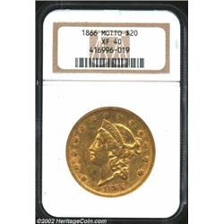 1866 $20 XF40 NGC. First year with motto above the Eagle. Lightly circulated with an olive-gold colo