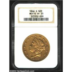 1866-S $20 Motto VF35 NGC. Traces of remaining mint luster cling to the legends and devices. This ci