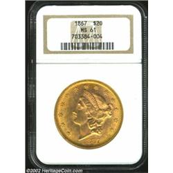 1867 $20 MS61 NGC. Beautiful reddish-gold color overlays both sides, and the frosty textured luster.