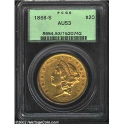 1868-S $20 AU53 PCGS. Bright yellow-gold luster illuminates the borders and devices. Richly detailed