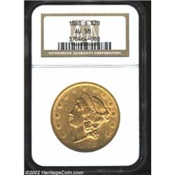 1868-S $20 AU58 NGC. Partially lustrous, particularly in the more protected areas around the periphe