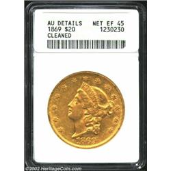 1869 $20--Cleaned--ANACS. AU Details, Net XF45. A lightly cleaned piece that has ample bright luster