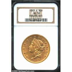 1869-S $20 AU50 NGC. Lightly circulated with nice eye appeal. Luster still remains. From the Aaron B