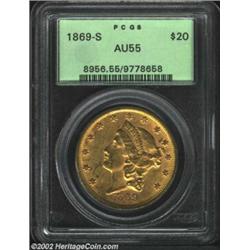 1869-S $20 AU55 PCGS. A sharply detailed piece that has ample mint luster. The lower left obverse fi