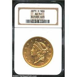 1870-S $20 AU50 NGC. Lightly bagmarked, but with lustrous surfaces and decent strike.From the Aaron.