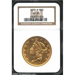 1870-S $20 AU50 NGC. The surfaces display ample remaining luster and a few light, scattered abrasion