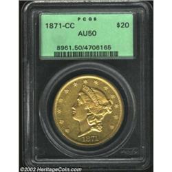 1871-CC $20 AU50 PCGS. Winter 1-A, the only known dies. It is difficult to locate a circulated CC-mi