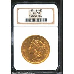 1871-S $20 AU50 NGC. Lustrous with original olive-green color. From the Aaron Bliss Collection. Impo