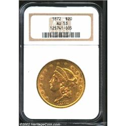 1872 $20 AU53 NGC. Nicely struck with extensive mint luster remaining. From the Aaron Bliss Collecti