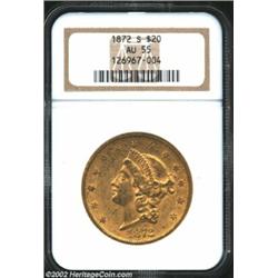 1872-S $20 AU55 NGC. Olive-green surfaces. From the Aaron Bliss Collection. Important notice: We exp