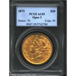 1873 $20 Open 3 AU55 PCGS. Full luster and only the lightest bit of wear. More attractive than avera