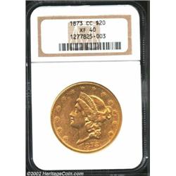 1873-CC $20 XF40 NGC. A scarce coin in any grade, with a mintage of 22,410 pieces. Light overall uni