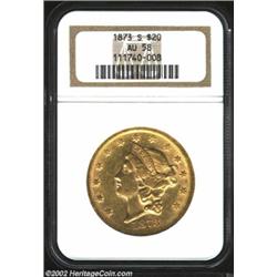 1873-S $20 Closed 3 AU58 NGC. Lustrous with olive-gold fields. There is a pinscratch above Liberty's