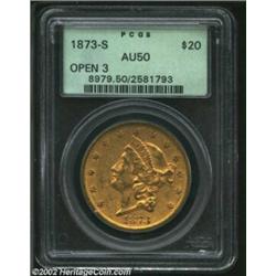 1873-S $20 Open 3 AU50 PCGS. The glimmers of mint luster are especially pervasive on the reverse. Sh