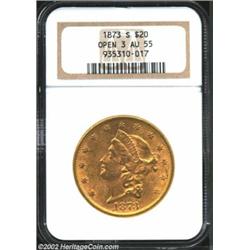 1873-S $20 Open 3 AU55 NGC. With subdued luster and several noticeable obverse contact marks.From th