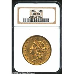 1874 $20 AU58 NGC. Light overall wear, with slightly subdued luster.From the Aaron Bliss Collection.