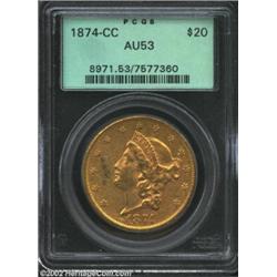 1874-CC $20 AU53 PCGS. Moderately abraded with the most noticeable marks on Liberty's chin and a lus