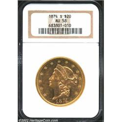 1874-S $20 AU58 NGC. Fully lustrous and attractive.From the Aaron Bliss Collection. Important notice