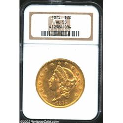 1875 $20 AU55 NGC. A frosty example with light overall wear.From the Aaron Bliss Collection. Importa