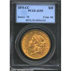 1875-CC $20 AU53 PCGS. Lustrous, nicely struck yellow-gold CC-mint issue with two noticeable marking