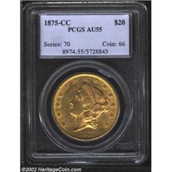 1875-CC $20 AU55 PCGS. Well struck in the centers, although a few stars are not completely defined..