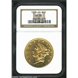 1875-CC $20 AU58 NGC. Struck in pale, yellow-gold alloy, a lustrous double eagle representing the ev