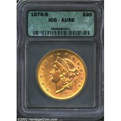 1875-S $20 AU58 ICG. Lustrous yellow-gold example that has seen a brief time in circulation. Reflect