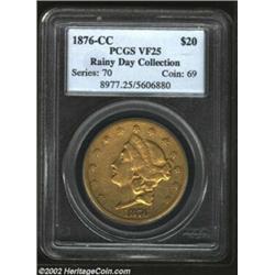 1876-CC $20 VF25 PCGS. Ex: Rainy Day Collection. Original surfaces, with a bit of reddish patina abo