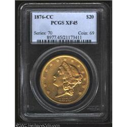 1876-CC $20 XF45 PCGS. Solidly graded at the Choice XF level, this reddish-gold survivor is expectan