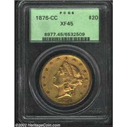 1876-CC $20 XF45 PCGS. The borders have abundant hints of prooflike luster. A richly toned piece tha