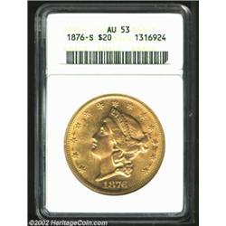 1876-S $20 AU53 ANACS. Generous portions of mint luster are seen on each side and there is only one.