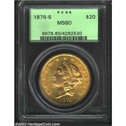 1876-S $20 MS60 PCGS. A lustrous pice that has bright lemon-gold color. Although the obverse field h