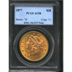 1877 $20 AU58 PCGS. Some friction is seen, but virtually all of the luster has remained. Generally s