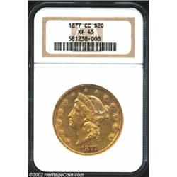 1877-CC $20 XF45 NGC. Only 42,565 struck at the CC-mint. Olive-green surfaces with mint luster being