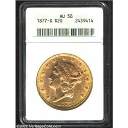 1877-S $20 AU58 ANACS. Although showing numerous small to moderate sized abrasions on each side, alm