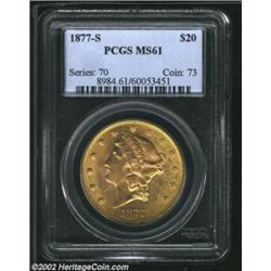 1877-S $20 MS61 PCGS. A bright, sharply struck, and highly lustrous piece that has good eye appeal d