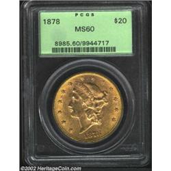 1878 $20 MS60 PCGS. A boldly struck Double Eagle that has good luster and warm honey-gold color. The