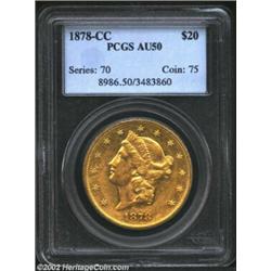 1878-CC $20 AU50 PCGS. Winter 1-A, the same die marriage used the strike the Ashland City specimen..