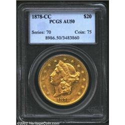 1878-CC $20 AU50 PCGS. Winter 1-A, the same die marriage used the strike the Ashland City specimen..