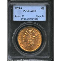 1878-S $20 AU55 PCGS. Generous in terms of both surface imperfections and luster, many small marks p