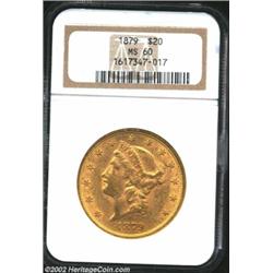 1879 $20 MS60 NGC. Olive-gold with a minimum of marks for the grade. Scarcer P-mint coin. From the A