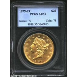 1879-CC $20 AU53 PCGS. Winter 1-A, the only known dies. The 1879-CC is tied with the 1878-CC for fou