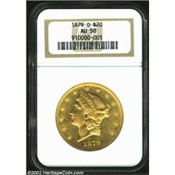 1879-O $20 AU58 NGC. Formerly sold as lot 7215 in our 2001 February Long Beach Sale, where it was de