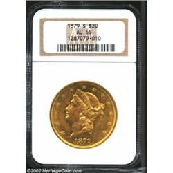 1879-S $20 AU55 NGC. Lightly circulated, lustrous, olive-green specimen. From the Aaron Bliss Collec