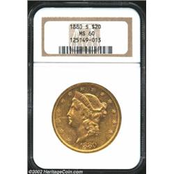 1880-S $20 MS60 NGC. Olive-gold surfaces that are lustrous.From the Aaron Bliss Collection. Importan