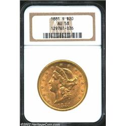 1881-S $20 AU58 NGC. Lightly circulated and still lustrous.From the Aaron Bliss Collection. Importan