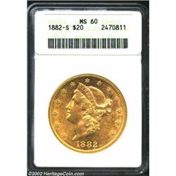 1882-S $20 MS60 ANACS. Few Mint State 60 gold coins display this kind of exuberant luster and lack o