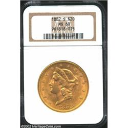 1882-S $20 MS60 NGC. Lustrous with clean fields for the grade.From the Aaron Bliss Collection. Impor